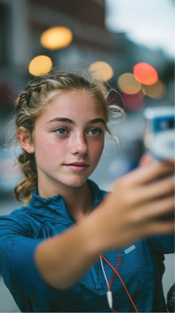 A young woman with blonde braided hair poses for a selfie with her mobile phone outside. She is wearing a blue jacket and has earphones around her neck. Bokeh lights are visible in the background.の素材