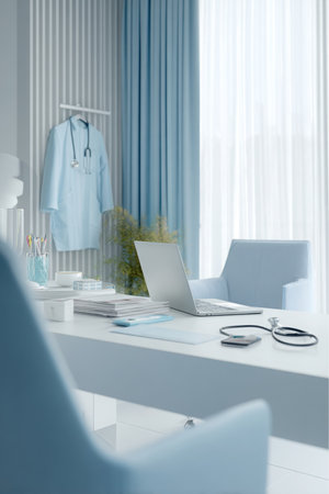 A light blue doctor's office with a minimalist design features a white desk with a laptop, phone, and stethoscope. A doctor's coat hangs on the wall. Natural light fills the space.の素材