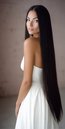 A beautiful woman with dark hair stands facing away from the camera and looks over her shoulder. She wears a white, strapless dress and elegant makeup in a studio setting.の素材