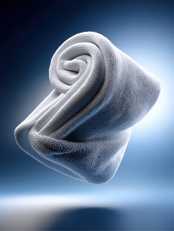 A tightly rolled, fluffy, white towel is presented. Its textured surface and circular form are accentuated by the smooth, cool background and the soft lighting in the studio.の素材
