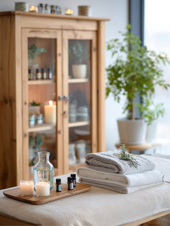 Arrangement of items related to spa treatment is displayed. Essential oils, candles, clean towels, and a plant decorate the massage table in a relaxation space.の素材
