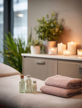 Spa room showcases a prepared massage table with stacked rose colored towels and several oil bottles. Background features lit candles, green plants, and drawers.の素材