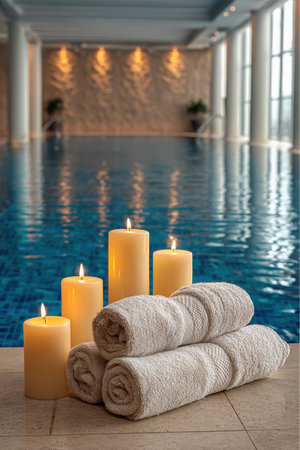 Towels are neatly rolled and stacked with several lit candles in front of an indoor swimming pool. Reflective blue water, bright lights and columns enhance the scene's tranquil setting.の素材
