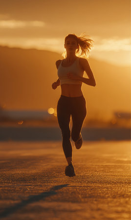 A young woman is running outdoors at sunset. She is wearing athletic attire and appears to be engaged in a fitness routine for health and wellness at Golden Hour.の素材