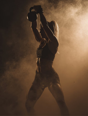 A strong female athlete in workout clothes is lifting a kettlebell overhead in a gym. Dust particles are in the air, illuminated by a light from above.の素材