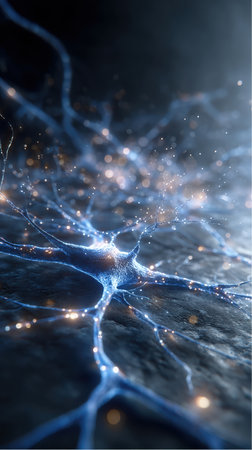 A detailed illustration depicts neuron cells transmitting nerve impulses. Electrochemical signals flow along axons through synapses in the central nervous system of the brain.の素材