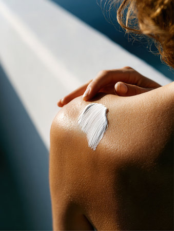 A woman applies sunscreen on her shoulder with her fingers. She is protecting her skin from the sun's rays during summertime. Background of blue and white colors.の素材
