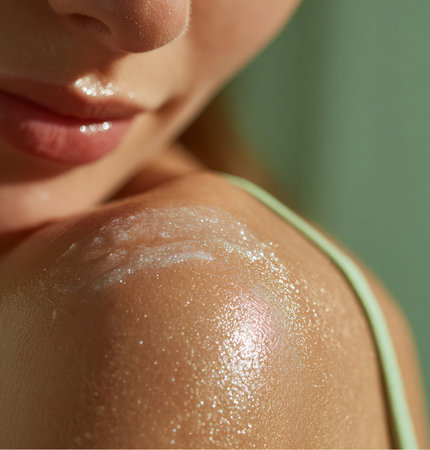 The focus is on a woman's upper shoulder and part of her face. Light reflects off the skin, giving a dewy appearance. There is a balm spread on the shoulder that accentuates its hydration.の素材