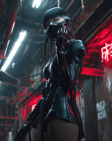 In a dark futuristic urban setting, a woman with red eyes and a mask poses wearing a black shiny suit near metallic walls and red neon signs during the nighttime in dystopian streets.の素材