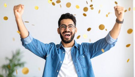 A young Middle Eastern man in glasses and a denim shirt is celebrating with both arms raised as gold confetti falls. He has a wide smile and looks directly at the viewer.の素材