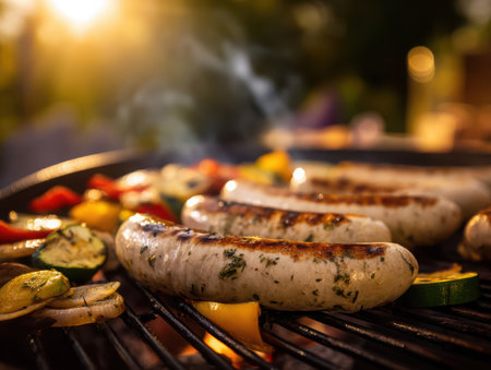 Hot sausages and colorful vegetables are grilling on a black barbecue grill. Smoke is rising from the grill, and the background is blurred with summer foliage.の素材