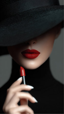 Close-up of a fair-skinned woman wearing a black turtleneck and hat. She holds a tube of red lipstick and has already applied it to her lips.の素材