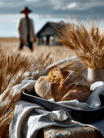 Crusty artisan bread rests on a tray, draped with a checkered cloth. Stalks of wheat are nearby. In the background, a Farmer stands in a field near a rustic building.の素材