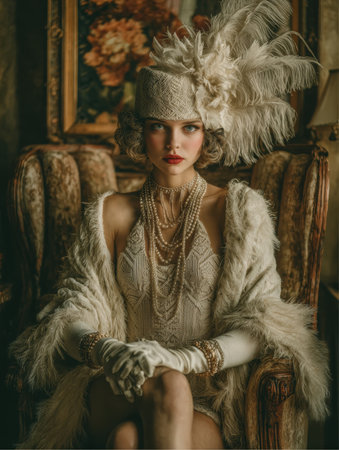 A woman dressed in a vintage flapper dress, long pearl necklaces, a fur stole, and a feathered hat sits in an ornate armchair. The room features an old-fashioned painting.の素材