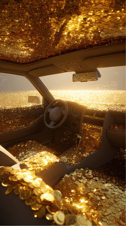 The inside of a car is completely covered with shimmering gold coins. Sunlight streams through the windows, illuminating the piles of money on the seats, dashboard, and ceiling.の素材