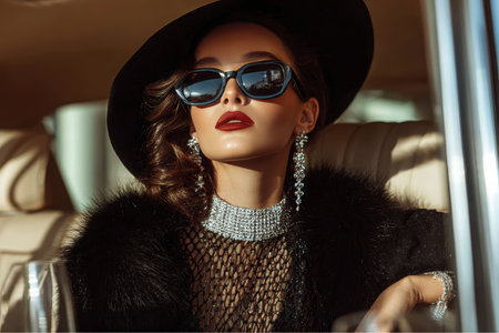 A stylish woman sits inside a classic vehicle during the daytime. She wears sunglasses, a wide brim hat, a fur coat, and sparkling jewelry, exhibiting vintage glamour and poise.の素材