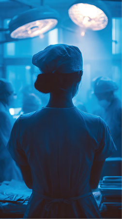 A group of medical personnel wearing surgical caps and gowns are standing in a brightly lit operating room, possibly preparing for or performing a procedure.の素材