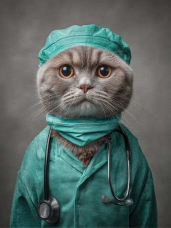 A Scottish Fold cat with big eyes is wearing green scrubs, a surgical cap, and a surgical mask. A stethoscope is around the cat's neck. Gray background.の素材