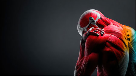 Human figure with exposed musculature is presented. The shoulder, neck, and arm muscles are prominently displayed, alongside skeletal components on a dark gray background.の素材