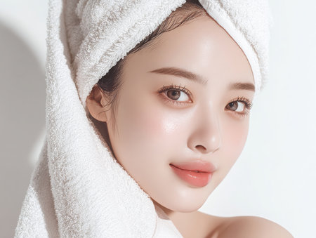 Attractive Woman with flawless skin wears a white towel turban-style. She glances at the viewer in a studio setting. Her skin appears fresh and moisturized with light makeup.の素材