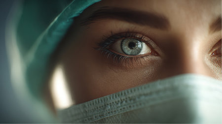 A healthcare worker with a surgical cap and mask peers intently. The focus is on their clear, determined eyes. The worker could be a Doctor or a Nurse.の素材