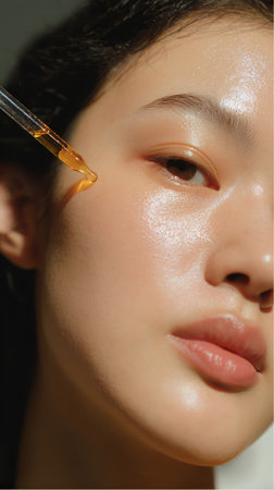 Close up shows a woman with radiant skin applying serum with a glass dropper. The golden liquid is dispensed onto her cheek, enhancing her natural glow and evening skincare.の素材