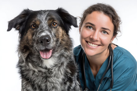 A veterinarian in blue scrubs with a stethoscope smiles next to a happy dog with its tongue out. Both are posed in front of a white background, likely at a veterinary clinic.の素材