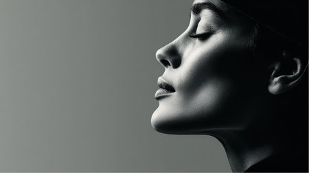 Close-up of a Woman's profile. Her eyes are closed, and she appears peaceful. The black and white tones create a striking and modern look. The background is a soft gray.の素材