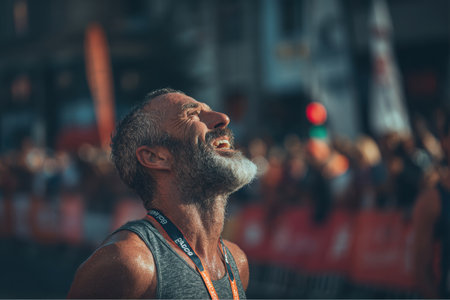 A mature man with a beard celebrates completing a marathon. He is looking up and laughing with joy after crossing the finish line in an outdoor urban setting with crowds of people.の素材