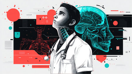 A young doctor with a stethoscope looks upward. A blue head and brain x-ray appears beside him, and red skeletal structure displays to his left. Various medical diagrams surround the subjects.の素材