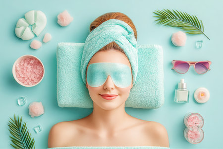 A woman is lying with a towel around her head and an eye mask. Various items such as sunglasses, cream, and pink stones are arranged on a bright blue surface.の素材