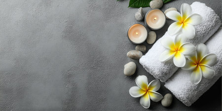 Rolled white towels are adorned with frangipani flowers. Two candles glow next to smooth stones on a textured gray surface. Leaves are visible in the corner, suggesting wellness.の素材