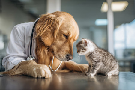 A Golden Retriever wearing a white coat and stethoscope gently looks at a small grey tabby kitten. They are in a Veterinary clinic during the daytime.の素材