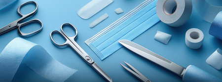 Surgical instruments like scissors, scalpel, forceps, tape, gauze pads, finger splints, and a disposable face mask lay flat on a light blue surface. Medical concept.の素材