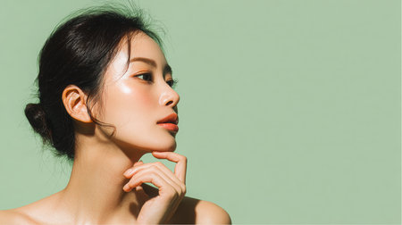 Side view of a young Asian woman, hair in a bun, hand under her chin, posing elegantly in a Studio. She has a clear complexion and is set against a pale green background.の素材