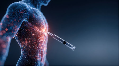 An abstract humanoid figure comprised of light particles receives an injection near the heart. The syringe is visible. Points of red light illuminate the area around the injection site.の素材