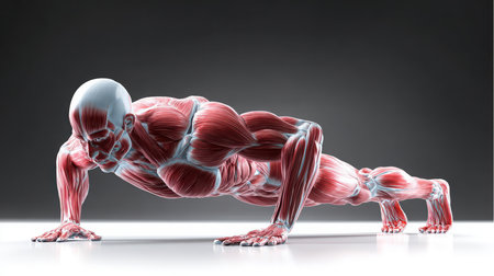 Athletic man is seen in the pushup position, showcasing the underlying musculature and skeletal structure. The background is a gradient gray, emphasizing the details.の素材