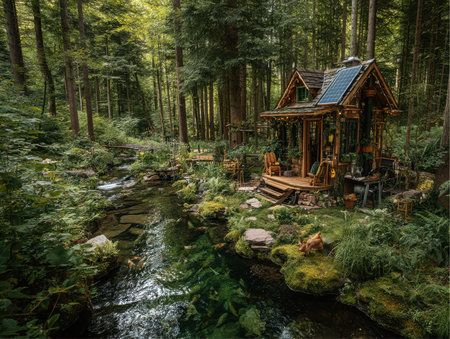 A charming, small cabin with solar panels stands among the trees. A clear creek flows nearby, adding to the serene atmosphere. A small dog explores the mossy bank in front of the cabin.の素材