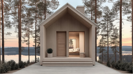 A small one story Scandinavian style cabin features a visible interior with a bed. Pine trees surround the cabin which overlooks a peaceful lake at sunset.の素材