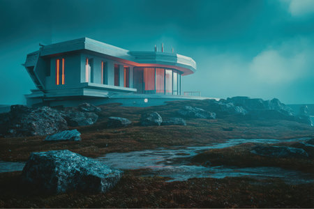 A modern white house with orange interior lighting is situated on a rocky terrain covered in grass and puddles. A teal sky creates a surreal and otherworldly atmosphere around the home.の素材