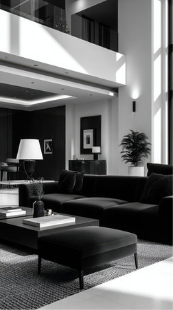 A well-lit room showcases a contemporary interior with a dark sofa, coffee table, and footstool. Sunlight streams through the windows, illuminating the elegant design.の素材