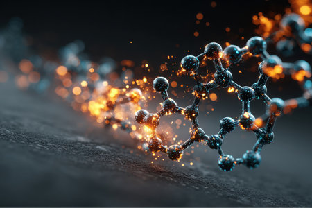 A molecular structure, potentially graphene, is displayed with blue lights and surrounded by glowing orange bokeh elements. It sits on a coarse, textured gray surface.の素材