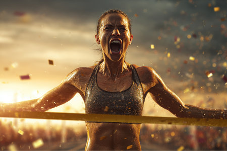 A triumphant, sweaty, athletic woman in sportswear wins a race and breaks the tape. Confetti rains down as she crosses the finish line and screams in celebration at the stadium.の素材