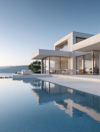 A modern villa stands next to a serene swimming pool. Mountains and a lake are visible in the background under a clear, blue sky. The reflection of the building is seen in the water.の素材