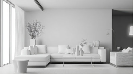 A bright, all-white living room showcases a modern aesthetic. A white corner sofa and armchair are present, with decorative vases and branches. Natural light streams through large windows.の素材