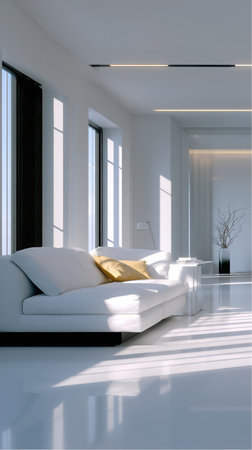 Sunlight streams through windows into a contemporary living space. A white couch with pillows sits in a minimalist setting, highlighting the sleek design of the home.の素材
