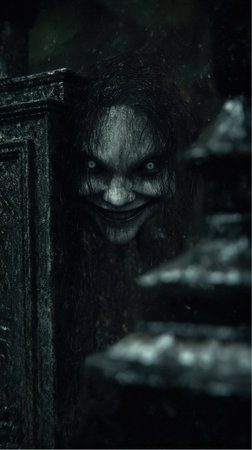 A sinister ghostly figure with pale skin, wide eyes, and a strange grin peers from behind a dark object, possibly near a Temple in an Asian country. The scene evokes a sense of dread.の素材