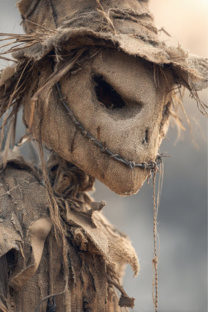 Close up of a creepy scarecrow made of burlap, straw, and twine. The scarecrow features dark hollow eye sockets and a stitched mouth, creating a haunting appearance for Halloween.の素材