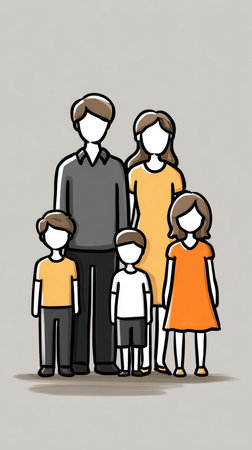 A family, consisting of a mother, a father, two sons, and a daughter, poses for a portrait with cartoon style. The group stands close together on a solid background.の素材