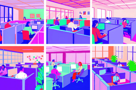 A collection of illustrations depicts various employees working on computers in their individual cubicles inside a bright, contemporary office. The rooms are filled with light.の素材